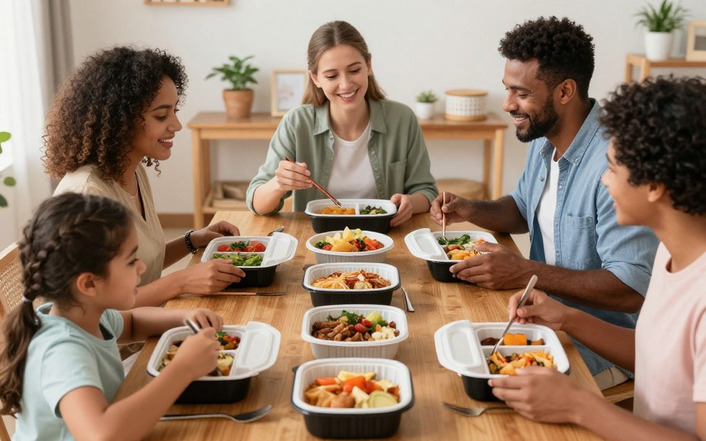 A family enjoying tiffin service meals together at home, representing the convenience of finding a tiffin service near me A family enjoying tiffin service meals together at home, representing the convenience of finding a tiffin service near me