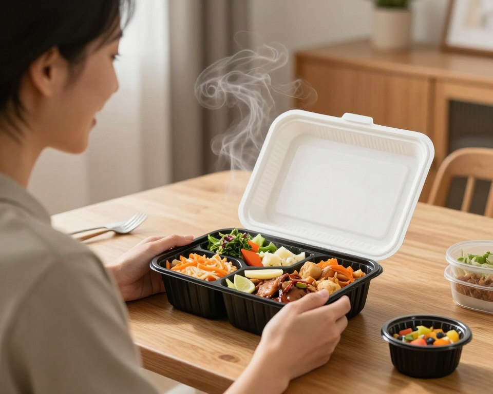 A satisfied customer enjoying a freshly delivered tiffin meal at home, the end goal when searching for tiffin service near me A satisfied customer enjoying a freshly delivered tiffin meal at home, the end goal when searching for tiffin service near me