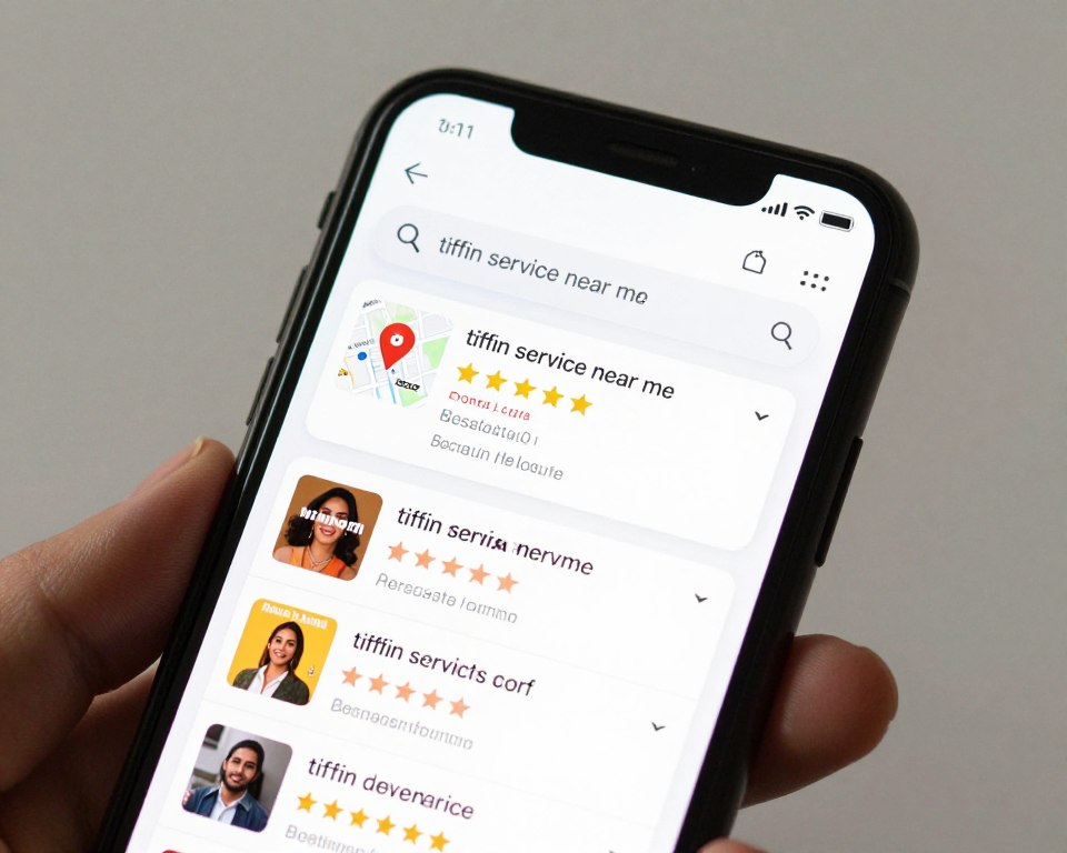 A smartphone showing search results for tiffin service near me with multiple options displayed