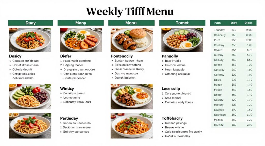 A weekly tiffin service menu calendar showing different meal options each day, useful when researching tiffin service near me