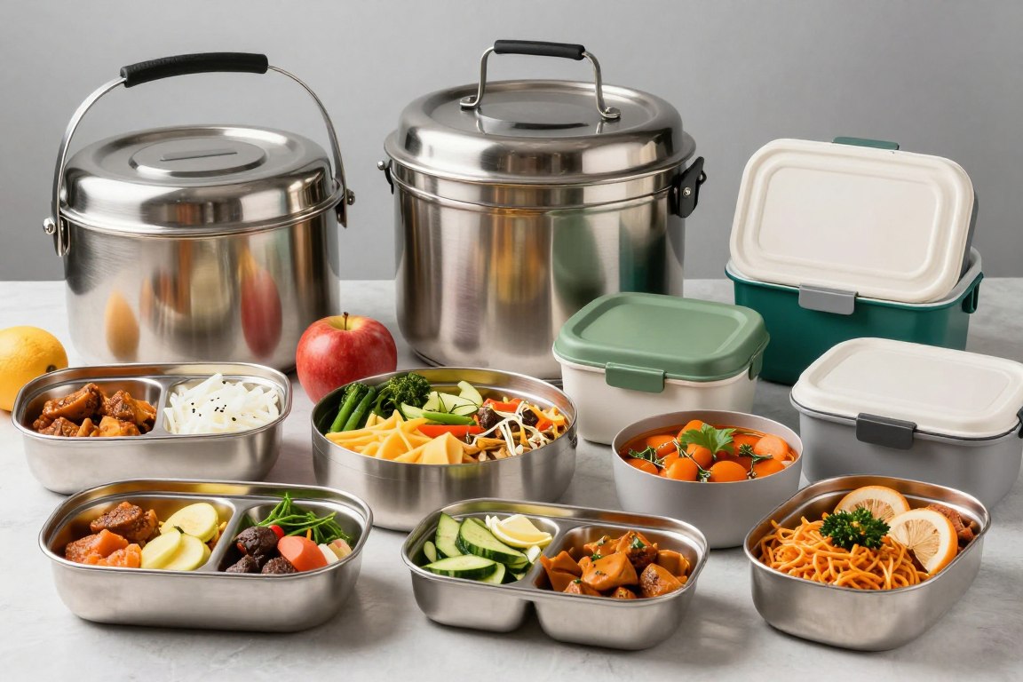Different types of tiffin service containers and meal styles, showcasing options when searching for tiffin service near me