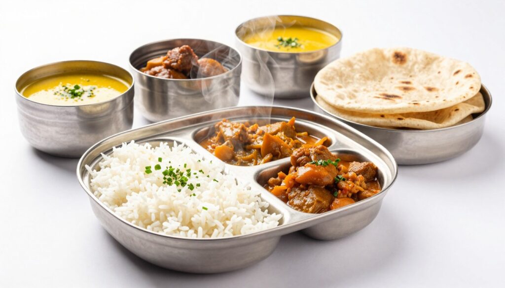 Various Indian tiffin meals packed in stainless steel containers, showing a tiffin service near me option