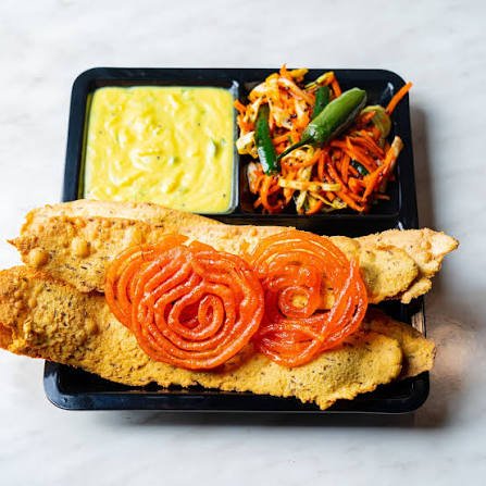 Chatkazz Harris Park fafda jalebi plate with jalebi rosettes
