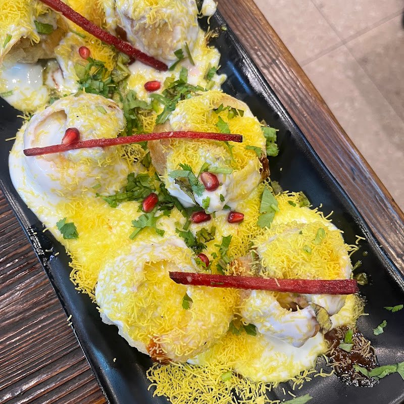 Chatkazz Wentworthville dahi puri topped with yoghurt sev and pomegranate