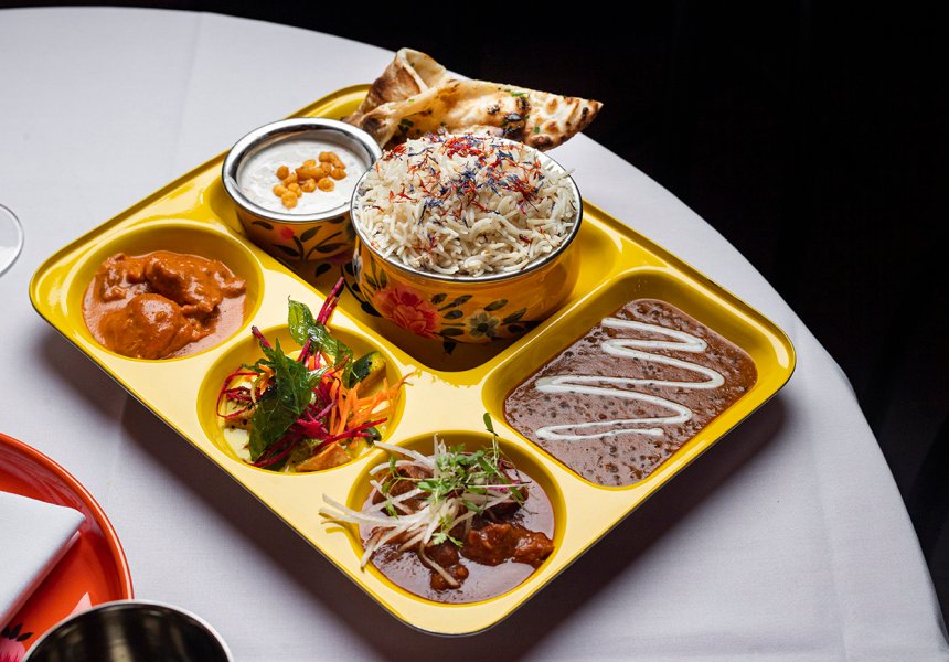 Pinky Ji Sydney CBD lunch thali tray with curries, rice, raita and naan