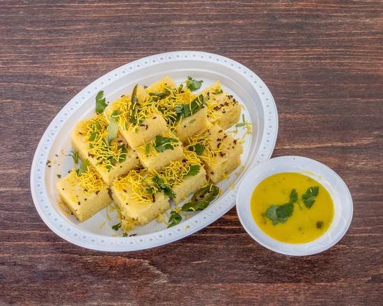 Narayans Veg Paradise Harris Park steamed dhokla squares with sev and green chutney