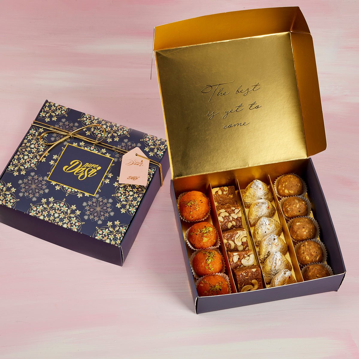 Pure Desi Sydney branded navy and gold mithai gift box with laddoo and barfi