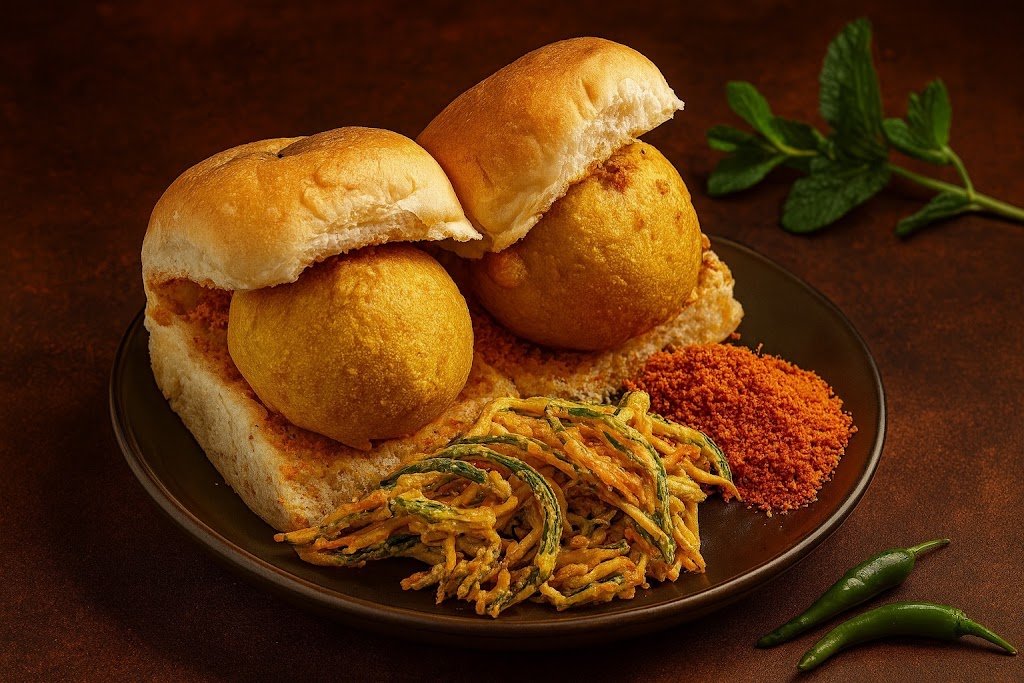 Vada pav, the popular Mumbai-style street food snack, served on a plate with sev and green chillies